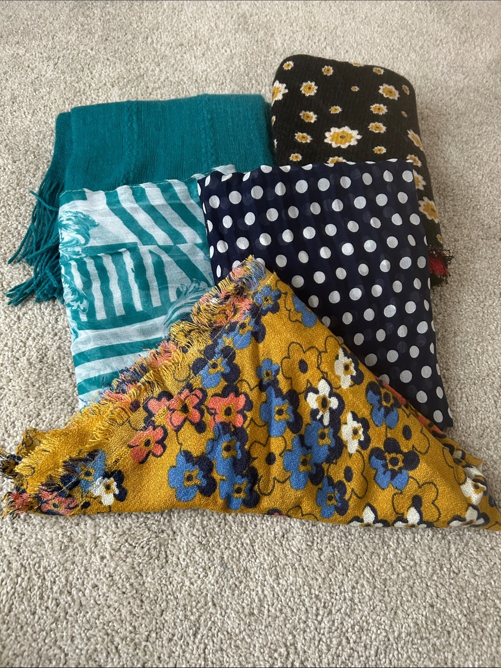 Mixed Pattern Scarves Bundle - Teal, Navy Polka Dot, Mustard Floral